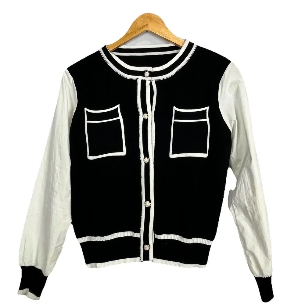 Women Black White Cardigan Pearl Buttons Contrast Trim Knit Elegant Classic